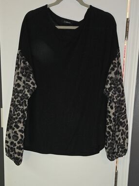 Black Top with Gray Leopard Print Sleeves